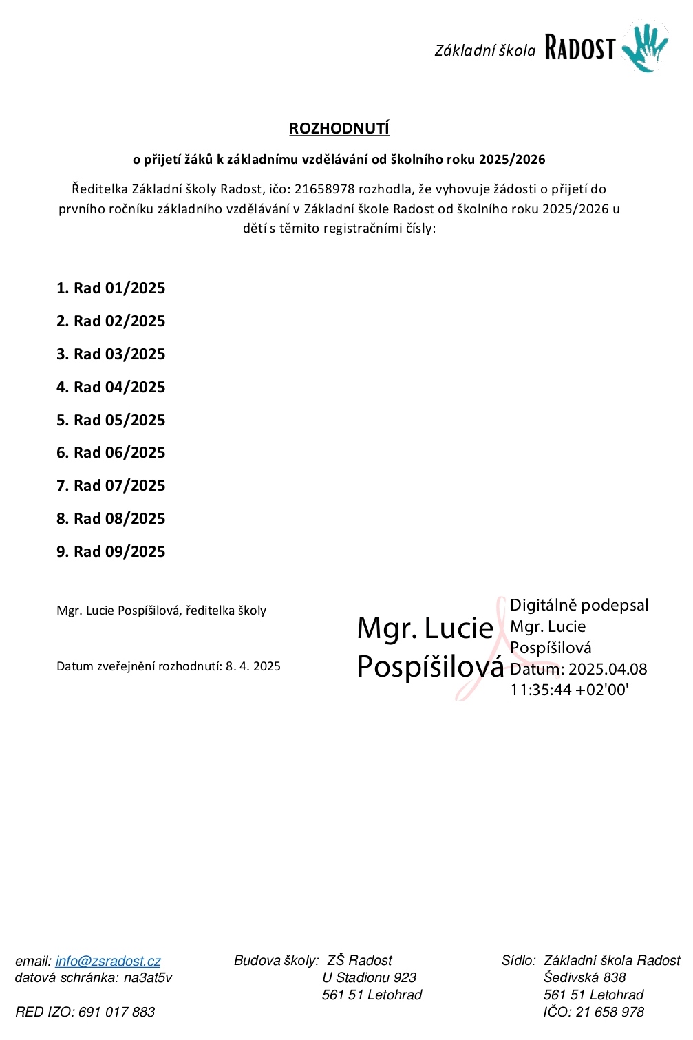 Rozhodnutí o přijetí žáků do 1. třídy pro školní rok 2025/2026
